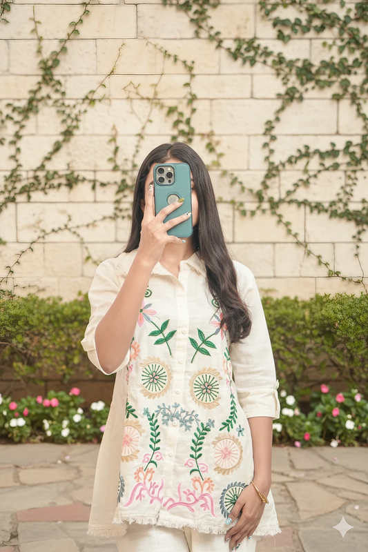 White Shirt Embroidery Co-Ord Set Colourful Threadwork